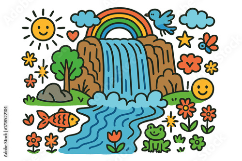 Whimsical Waterfall Wonderland. Colorful Hand-drawn doodle Children illustration Massive Waterfall [giant waterfall, river, rainbow, fish, bird, cloud, star,