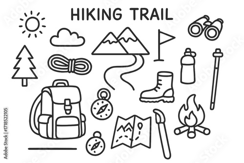 Hiking Adventure Icons. Hiking Trail. Hand-drawn doodle illustration hiking trail backpack, boots, walking stick, rope, map, compass, mountain, sun, cloud,