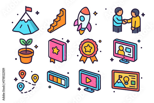 Motivation Icons Grid. Colorful isometric vector icons set of motivation and growth: goal mountain, career ladder, success rocket, mentor handshake, growth