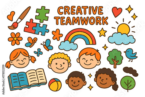 Creative Children's Doodle. Colorful Hand-drawn doodle Children illustration Creative Teamwork paintbrush, puzzle, rainbow, book, flower, butterfly, smiling
