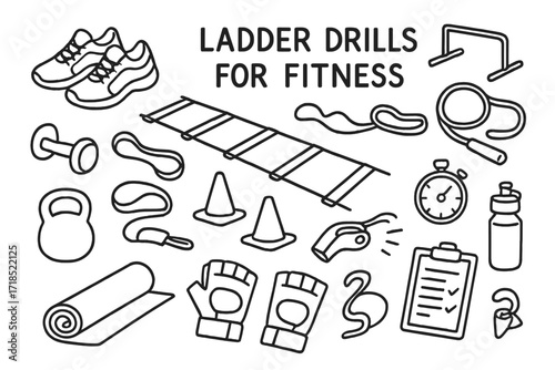 Fitness Agility Icons. Hand-drawn doodle illustration [ladder drills for fitness] [agility ladder, sneakers, cones, hurdles, jump rope, dumbbell, resistance
