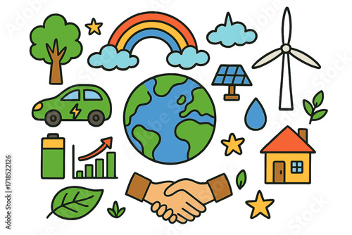 Sustainable Future Elements. Future sustainability. Colorful Hand-drawn doodle Children illustration globe, rainbow, tree, electric car, solar panel, wind