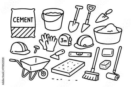 Cement Construction Tools Doodles. Hand-drawn doodle illustration Cement mixing and pouring [cement bag, water bucket, mixing tub, shovel, trowel, gloves,
