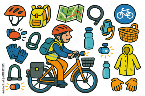 Urban Cycling Essentials. Colorful Hand-drawn doodle Children illustration Urban Cycling commuter bike, helmet, backpack, reflective vest, lock, lights, map,