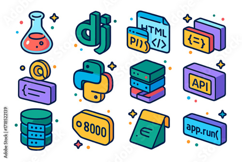Python Dev Icon Set. Create a professional toy-CGI key visual of ?DJ NIMBO?, a modern penguin DJ with a sporty tech look. Silhouette: inverted-teardrop torso