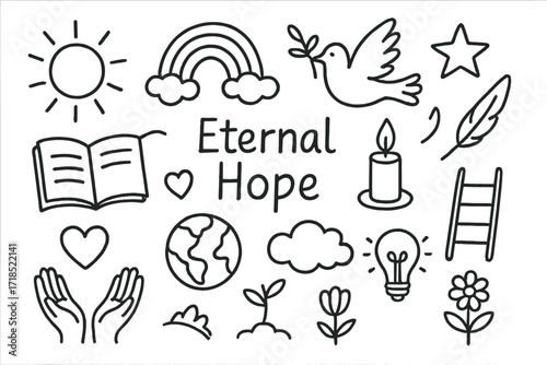 Eternal Hope Symbols. Hand-drawn doodle illustration eternal hope sun, rainbow, dove, feather, star, open hands, heart, globe, sprout, flower, candle, book,