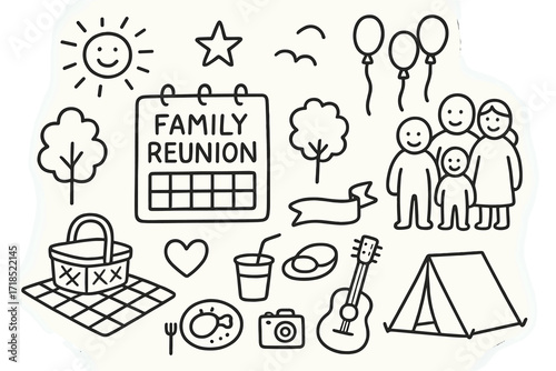 Family Reunion Doodle. Hand-drawn doodle illustration organizing family reunion calendar, group of people, picnic basket, blanket, balloons, star, tree, sun,