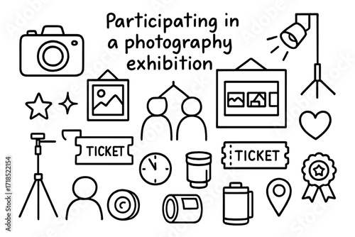 Photography Exhibit Doodles. Hand-drawn doodle illustration Participating in a photography exhibition camera, photo frame, gallery wall, spotlight, tripod,