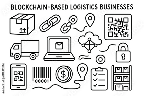 Blockchain Logistics Doodles. Hand-drawn doodle illustration [Blockchain-based logistics businesses] [delivery box, chain links, padlock, route pin, truck,