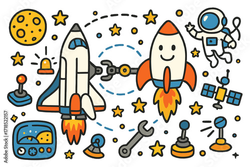 Space Adventure Doodles. Colorful Hand-drawn doodle Children illustration Spaceship rendezvous space shuttle, docking clamp, orbit circle, stars, planets, moon