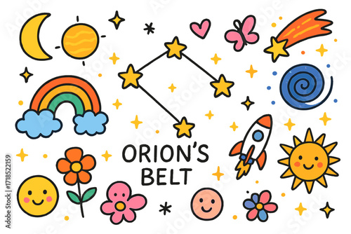 Whimsical Cosmic Doodles. Colorful Hand-drawn doodle Children illustration Orion?s Belt three bright stars, constellation lines, moon, planet, comet, rainbow,