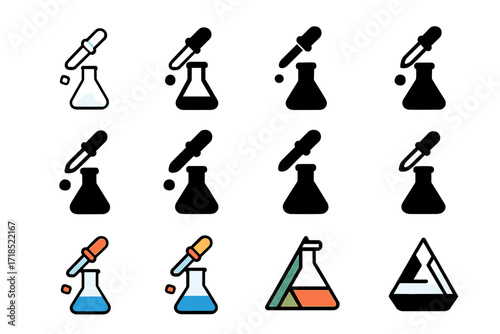 Colorful Flask Icons. Set Logo of Flasks: Flask and pipette icon. Logo set in vector style, emblematic variations. line, bold thick line, solid black filled,