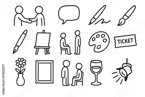 Artistic Meet and Greet. Hand-drawn doodle illustration artist meet and greet handshake, speech bubble, autograph, pen, notebook, paintbrush, palette, easel,