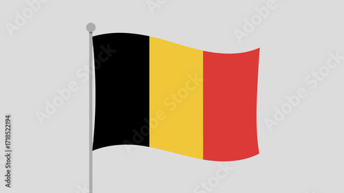 Belgian flag waving on a pole with black yellow and red colors against gray backdrop