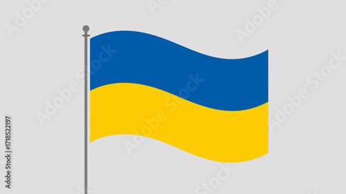 Ukrainian Flag Waving on a Flagpole with Blue and Yellow Colors on a Gray Background