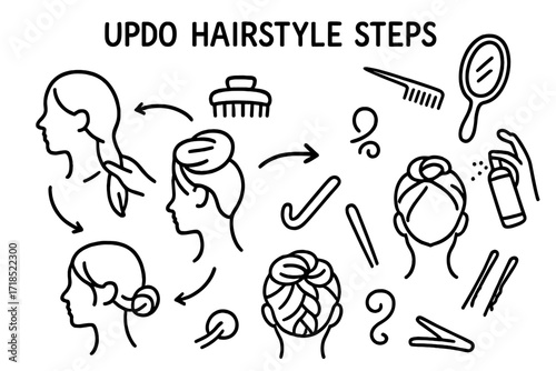 Updo Hairstyle Steps. Hand-drawn doodle illustration Updo Hairstyle Steps hair twist, clip, bun, braid, sectioning comb, mirror, pin, styling spray, arrow,