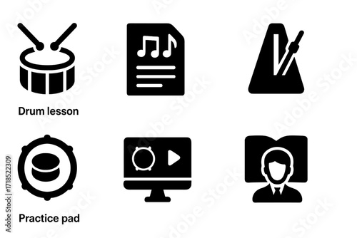 Bass Drum Essentials Icons. Solid, filled icon set of bass drum education: drum lesson, sheet music, metronome, practice pad, video tutorial, instructor, music