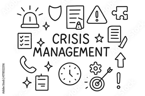 Crisis Management Doodles. Hand-drawn doodle illustration Crisis management [alarm, siren, shield, warning triangle, document, checklist, phone, clock, arrow,