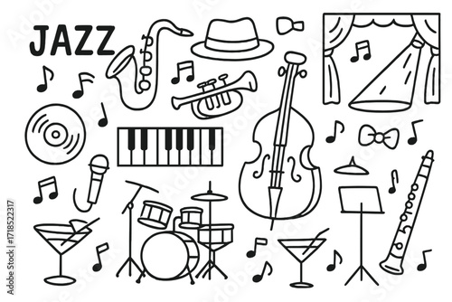 Jazz Instruments Doodle. Hand-drawn doodle illustration jazz music saxophone, trumpet, double bass, piano, drum set, clarinet, fedora hat, bow tie, cocktail