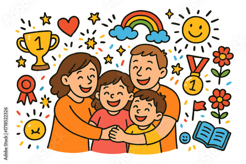 Family Victory Celebration. Colorful Hand-drawn doodle Children illustration Family Embrace After Win [hugging family, trophy, medal, ribbon, star, rainbow,