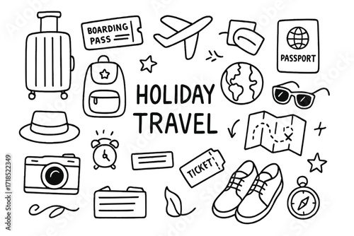 Travel Doodle Icons. Hand-drawn doodle illustration holiday travel with luggage and a boarding pass suitcase, backpack, boarding pass, passport, airplane,