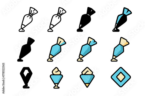 Creamy Logo Grid. Set Logo of Fatty Cream Topping: Cream in piping bag. Logo set in vector style, emblematic variations. line, bold thick line, solid black