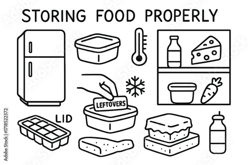 Food Storage Doodle Icons. Hand-drawn doodle illustration Storing food properly [fridge, food container, thermometer, leftovers, label, shelf, drawer, lid, ice