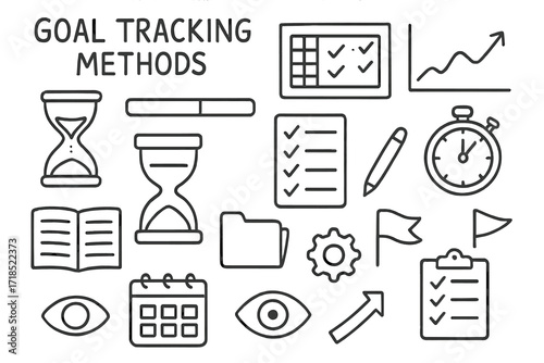Goal Tracking Icons. Hand-drawn doodle illustration [Goal tracking methods] [tracker board, progress bar, line chart, hourglass, checklist,