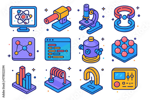 Quantum Mechanics Icons. Colorful isometric vector icons set of quantum mechanics tools: atom visualizer, laser emitter, electron microscope, particle trap,