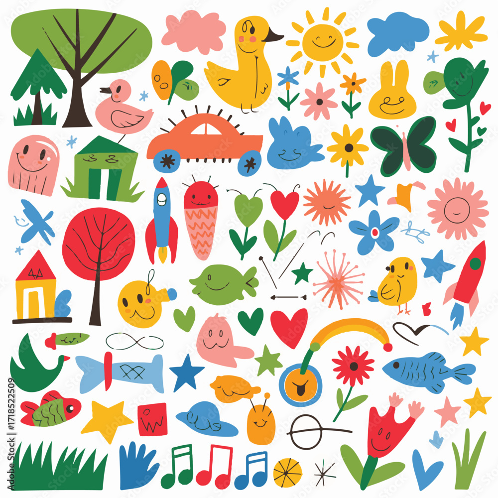 Obraz premium A World of Whimsy Illustration Kit: A Versatile Collection of Hand-Drawn Doodles Including Animals, Houses, and Everyday Objects.