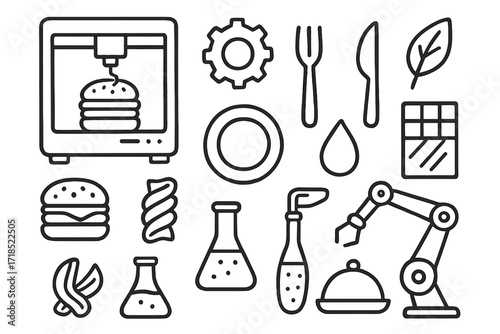 3D Printing Icons. Hand-drawn doodle illustration 3D printed food 3D printer, gear, plate, fork, knife, leaf, burger, pasta shape, droplet, chocolate bar,