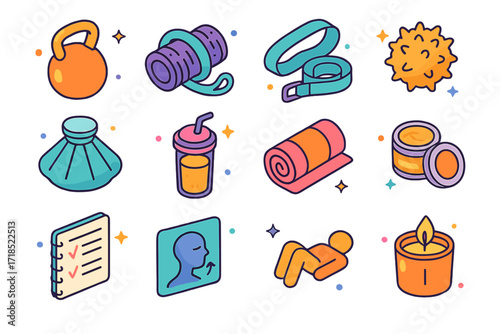 Fitness Recovery Icons. Colorful isometric vector icons set of kettlebell cooldown and recovery tools: foam roller, stretching strap, massage ball, cold