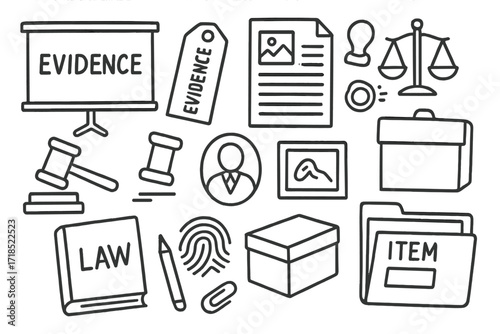 Courtroom Evidence Icons. Hand-drawn doodle illustration Evidence presentation courtroom screen, evidence tag, document, gavel, pen, paperclip, law book,