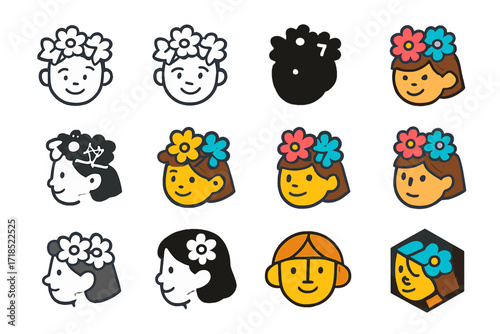 Colorful Flower Crown Logo. Set Logo of Kids Making Tissue Paper Flowers: Child?s smiling face with flower crown. Logo set in vector style,