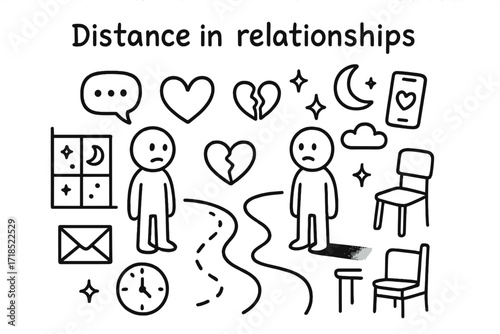 Distant Love Symbols. Hand-drawn doodle illustration Distance in relationships [two figures, heart, broken heart, chat bubble, phone, envelope, star, moon,