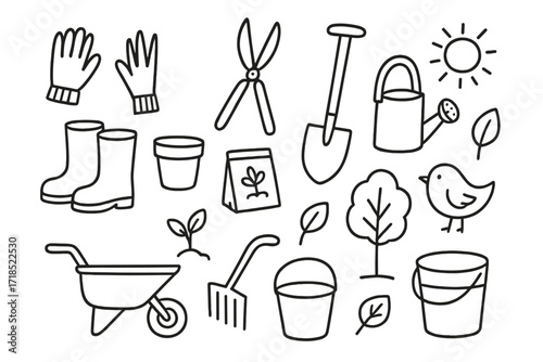 Garden Tools Doodle. Hand-drawn doodle illustration Gloves for outdoor work gloves, hedge clippers, rake, shovel, watering can, boots, pot, seed packet,