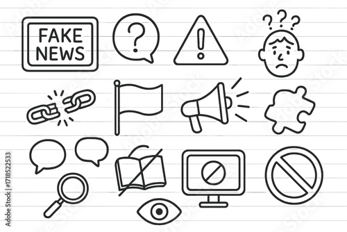 Misinformation Icon Doodles. Hand-drawn doodle illustration misinformation news icon, question bubble, warning triangle, person with confused face, broken