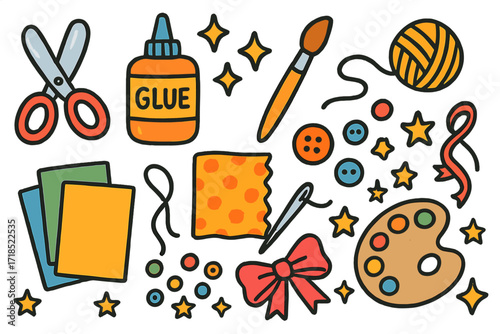 Colorful DIY Crafts Icons. DIY Crafts. Colorful Hand-drawn doodle Children illustration DIY Crafts scissors, glue, paintbrush, yarn ball, beads, paper, fabric,