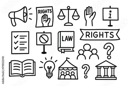 Rights Awareness Doodles. Hand-drawn doodle illustration Rights awareness campaigns [megaphone, flyer, group icon, raised hand, scales, information board,