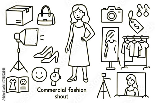 Fashion Photo Shoot Icons. Hand-drawn doodle illustration Commercial fashion shoot [product box, handbag, shoes, model, camera, tag, lighting, smile, catalog,