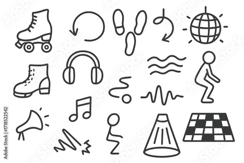 Jam Skating Icons. Hand-drawn doodle illustration Jam Skating toe stop, twist arrow, dance steps, spin icon, disco ball, headphones, boot detail, glide path,