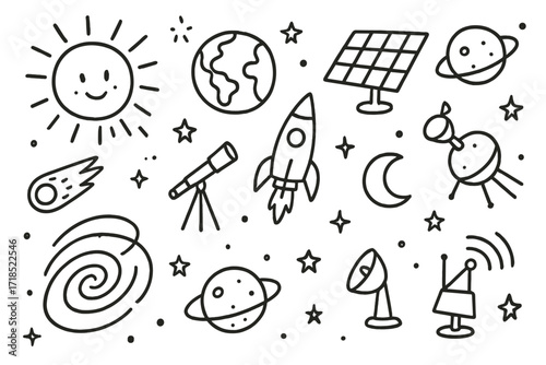 Solar System Doodles. Hand-drawn doodle illustration Sun and solar energy sun, rays, earth, orbit line, solar panel, rocket, telescope, stars, comet, planets,