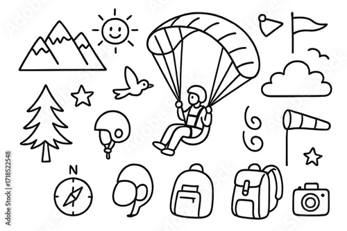 Mountain Paragliding Adventure. Hand-drawn doodle illustration mountain paragliding mountain, paraglider, parachute, helmet, harness, sun, cloud, tree, bird,