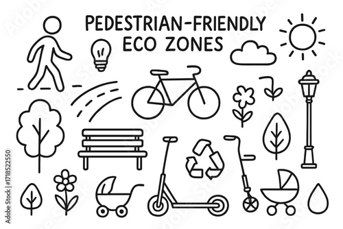 Eco Zone Doodles. Hand-drawn doodle illustration Pedestrian-friendly eco zones [walking person, bicycle, scooter, stroller, tree, flower, bench, lamp post,