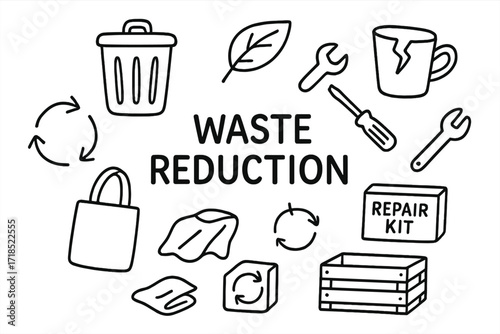 Waste Reduction Icons. Waste reduction. Hand-drawn doodle illustration waste reduction trash bin, compost bin, recycling arrows, leaf, broken item, tools,