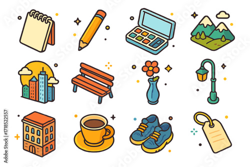 Isometric Travel Sketchbook Icons. Colorful isometric vector icons set of Travel sketchbook items: mini sketchpad, field pencil, compact watercolor kit,