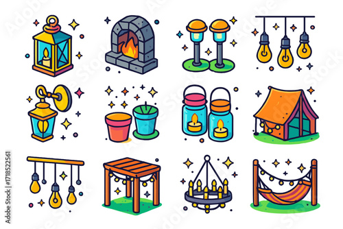 Cozy Evening Lighting Icons. Colorful isometric vector icons set of cozy evening garden lighting: candle lanterns, fireplace glow, pathway lights, hanging