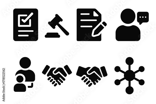 Blockchain Governance Icons. Solid, filled icon set of blockchain governance: voting ballot, gavel, proposal document, discussion bubble, delegate, agreement,
