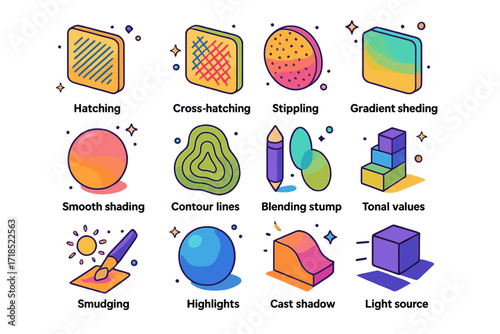 Shading Technique Icons. Shading techniques. Colorful isometric vector icons set of shading techniques: hatching, cross-hatching, stippling, smooth shading,