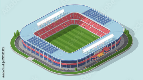 Isometric View of a Modern Soccer Stadium with Solar Panels and Green Field Vector